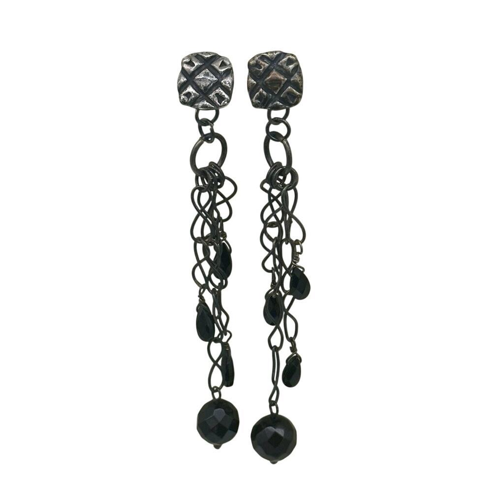 Vintage MOB 925 Mexico Long Dangling Chandelier Earrings With Black Beads